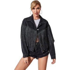 Women’s Crop Denim Jacket Tassel Casual Jean Coat With Fringe S118 Black